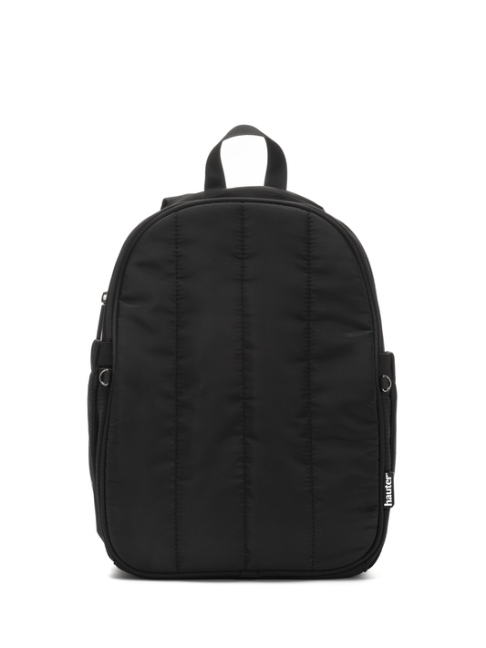 A black hydration backpack with a simple solid pattern, featuring a top handle, side pockets, and a front zipper compartment.