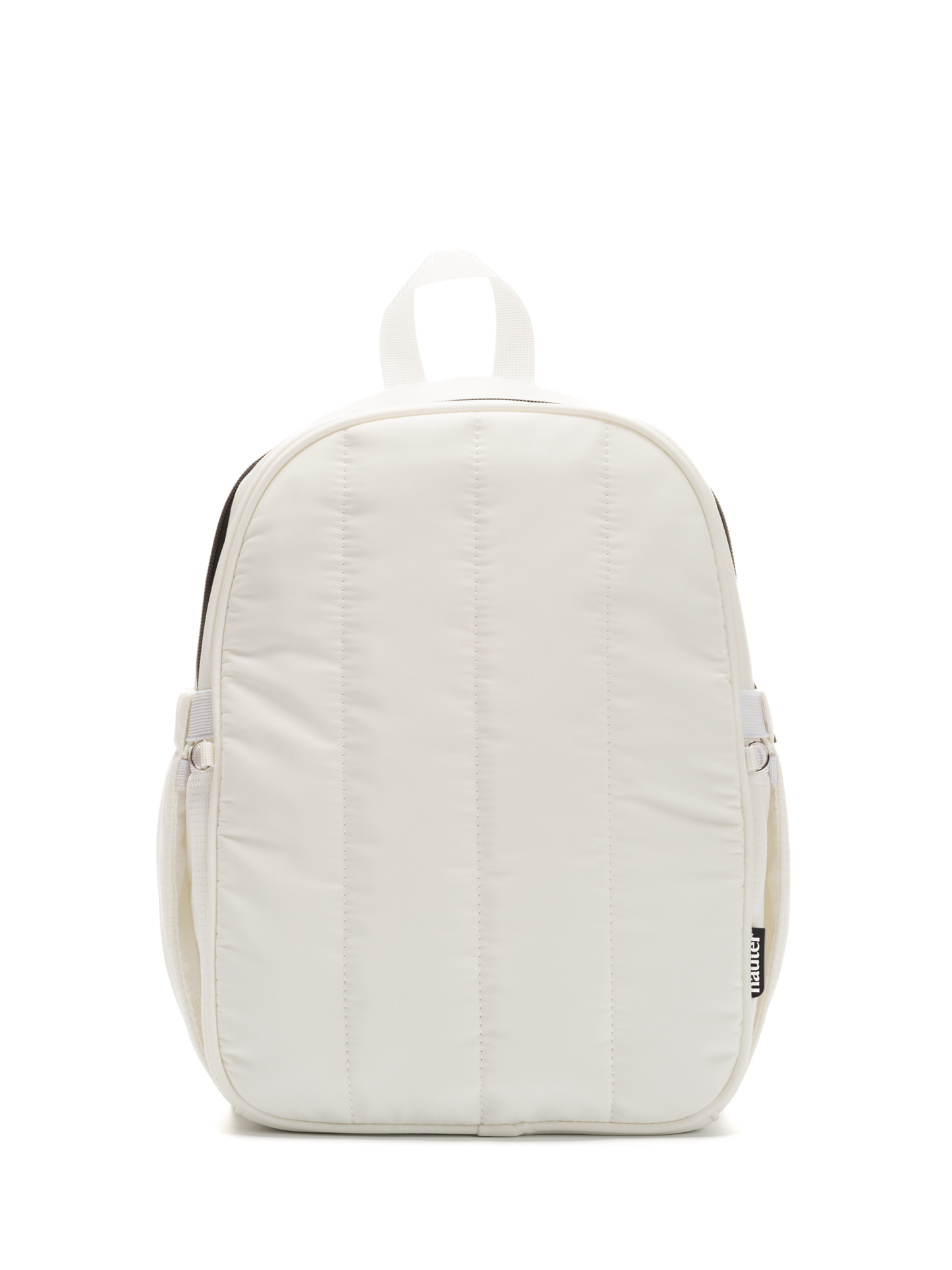 A white hydration backpack with a solid pattern, featuring multiple compartments and a water bladder compartment zipper.