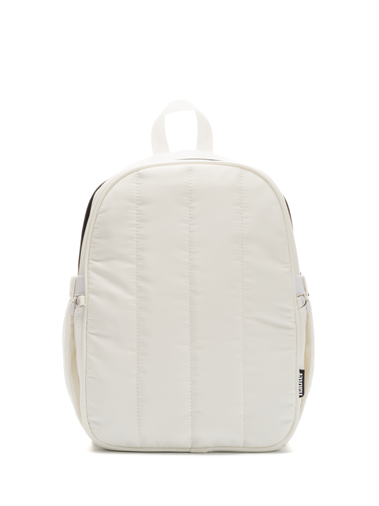 A white hydration backpack with a solid pattern, featuring multiple compartments and a water bladder compartment zipper.