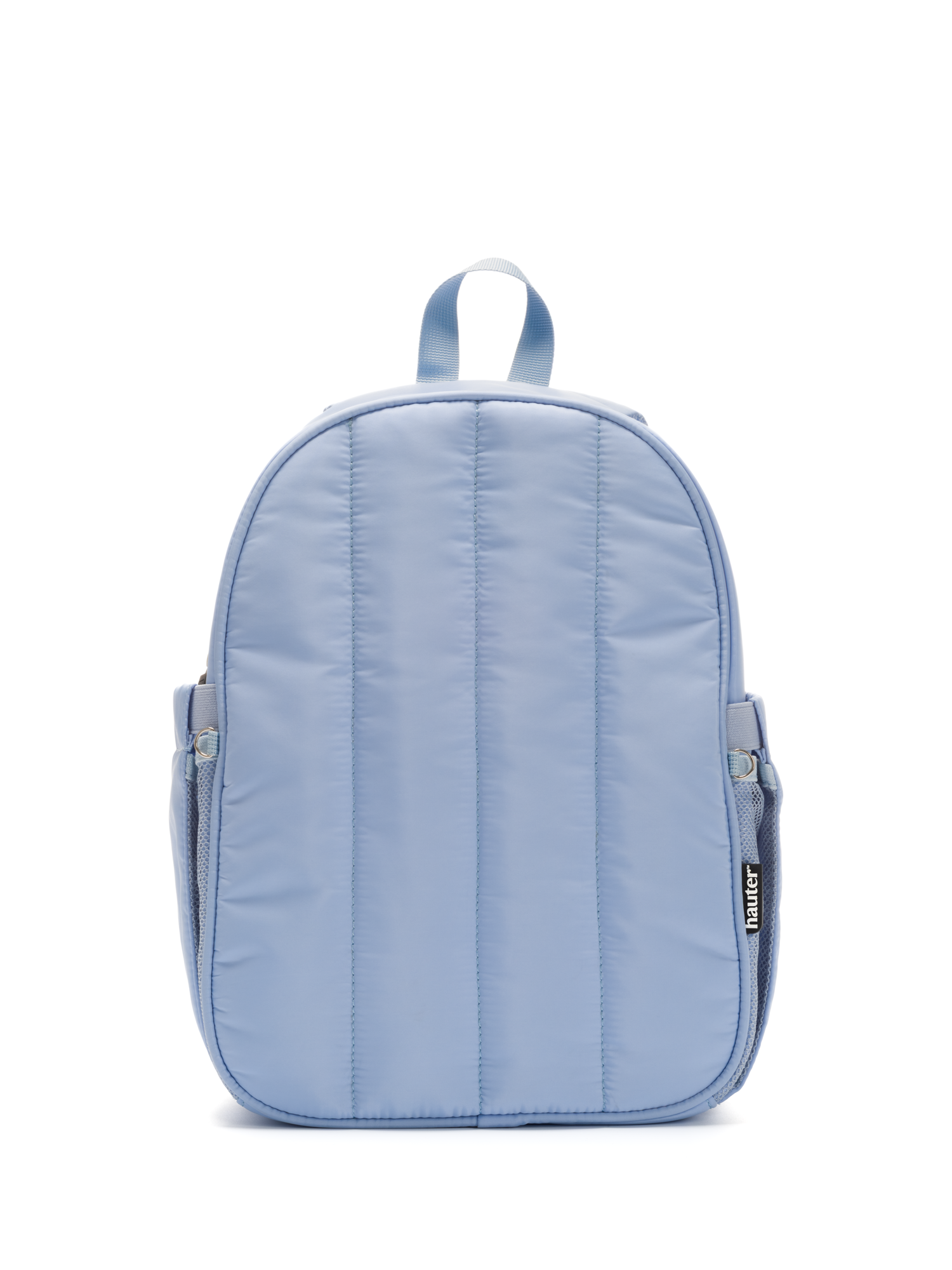 A light blue hydration backpack with a water-resistant nylon material, featuring outer pockets and a shoulder strap.